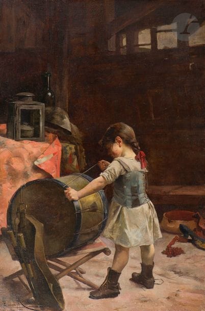 Enrique MIRALLES DARMANIN (1855 ? - 1900) 
Jeune fille au tambour Toile 
123 x 82 cm
Signée, localisée et datée en bas à gauche : Enrique Miralles / Paris 1889
Sans cadre
L’artiste est surtout connu pour ses représentations de coulisses du cirque, auxquelles appartient notre toile.