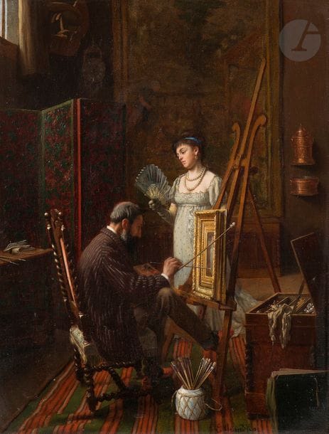 Edmond Georges GRANDJEAN (Paris 1844 - 1908)
L’atelier du peintre 
Panneau 
42,5 x 32,5 cm
Signé en bas à droite : Ed. Grandjean
Restaurations anciennes