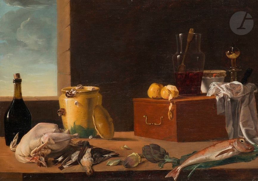 Attribué à Claude Joseph FRAICHOT (1732 - 1803)
Nature morte aux pot vernissé, bouteille de vin, poisson et volaille Sur sa toile d’origine
60 x 87 cm
Accidents et restaurations anciennes