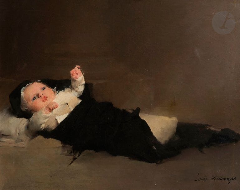 Louis DESCHAMPS (Montélimar 1842 - 1902)
Nouveau-né abandonné 
Toile 
58 x 79 cm
Signée en bas à droite : Louis Deschamps 
Au revers du châssis, deux étiquettes mentionnant une exposition du tableau à Pittsburgh, au Carnegie Institute, annual exhibition. 
Restaurations anciennes et manques 
Exposition : 
Seventh celebration of Founder’s Day at the Carnegie Institute Pittsburgh, 6 novembre 1902.
Bibliographie :
Willa Cather, The World and the Parrish - Articles and Reviews (1893-1902) vol. II (En ligne) : Article « The Philistine in the Art Gallery » (pp. 864-869) qui est une critique de la « seventh annual Founder’s Day Exhibition » du Carnegie Institute Gallery et qui mentionne l’œuvre « Abandoned » de Louis Deschamps (p. 366).
Notre tableau est une réplique autographe de l’œuvre de Louis Deschamps, montrée au Salon des artistes français de 1884 (musée du Luxembourg, dépôt du Musée d’Orsay) et conservée au musée de Bourg-en-Bresse de dimensions similaires. Notre version a été montrée à l’exposition annuelle du Carnegie Institute de Pittsburgh.