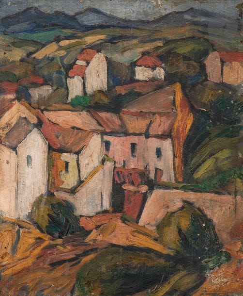 École MODERNE du XXe siècle
Village 
Huile sur toile
Porte une signature (effacée) en bas à droite.
34 x 27,5 cm