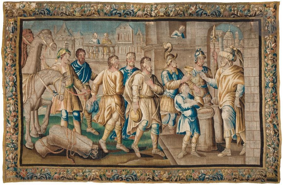 Tapisserie en laine et soie représentant la découverte de la coupe de Joseph dans le sac de Benjamin (Gn, 44,12).
Aubusson, XVIIe siècle
Hauteur : 283 cm - Longueur : 425 cm
(restaurations, coupée)