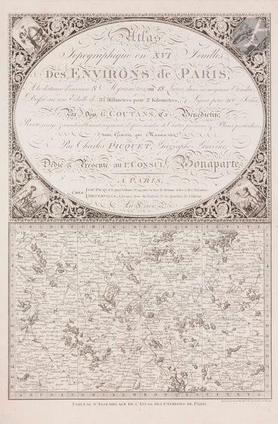 PICQUET (Charles) - COUTANS (Guillaume).
Atlas topographique en XVI feuilles des environs de Paris, À la distance d’environ 8 Myriamètres, ou 18 Lieues, dans sa moyenne Etendue, Dressé sur une Echelle de 31 Millimètres pour 2 Kilomètres, (4 Lignes par 300 Toises)… Revu, corrigé & considérablement augmenté, d’après nombre de Cartes précieuses & Plans particuliers, tant Gravés que Manuscrits.
Paris : Charles Picquet, Deterville, An 8, 1800. — In-folio, 463 x 339 : titre, 16 cartes. En feuilles.

Bel atlas entièrement gravé composé d’un feuillet comprenant le titre dans sa partie supérieure et le plan d’assemblage de l’atlas dans sa partie inférieure, suivi des 16 cartes sur double page représentant Paris au centre et ses environs depuis Gisors et La Ferté-Milon au Nord jusqu’à Chartres et Provins au Sud.

Cet atlas est l’œuvre du géographe et bénédictin de la Congrégation de Saint-Maur Dom Guillaume Coutans. Il parut pour la première fois en 1775. Il a été ici revu et augmenté par le géographe et graveur Charles Picquet.

Bon exemplaire en feuilles, bien conservé malgré des déchirures réparées aux cartes 5, 12 et 13. Quelques salissures au bord des feuillets.
