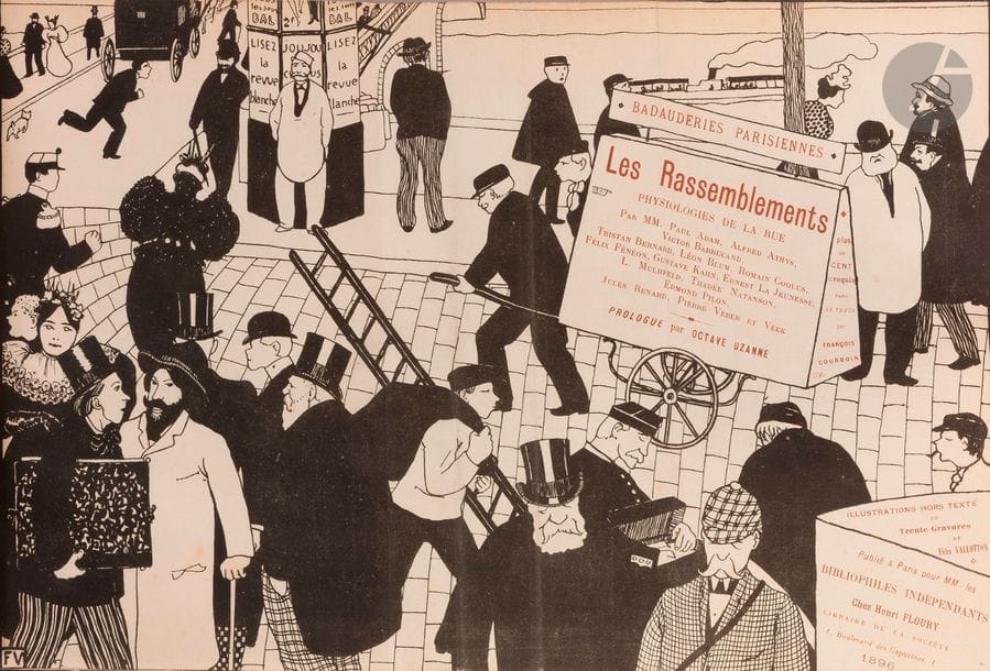 [UZANNE (Octave) - VALLOTTON (Félix)]
Badauderies parisiennes. Les Rassemblements. Physiologies de la rue observées et notées par Paul Adam, Alfred Athys…
Paris : imprimé pour les bibliophiles indépendants, Henri Floury, 1896. — In-8, 236 x 170 : (2 ff.), XII, 232 pp., 30 planches, couvertures illustrées. Demi-maroquin vert sombre à coins, filets dorés, dos lisse orné, non rogné, couvertures conservées (Dodé).

Édition originale, publiée par Octave Uzanne, de ce recueil de 30 textes d’auteurs pour la plupart humoristes, plus ou moins liés à La Revue Blanche : Gustave Kahn, Tristan Bernard, Romain Coolus, Pierre Veber, Thadée Natanson, Ernest La Jeunesse, Victor Barrucand, Eugène Veek, Paul Adam, Lucien Muhlfeld, Jules Renard, Léon Blum, Alfred Athys, Edmond Pilon et Félix Fénéon. Octave Uzanne a quant à lui composé le prologue.

L’édition est illustrée de 33 compositions originales gravées sur bois par Félix Vallotton, dont 30 hors texte sur japon et 3 dans le texte, ainsi que de 120 vignettes dues à François Courboin. C’est dans cet ouvrage qu’apparaît pour la première fois le nom de Valloton en tant que graveur.

Tirage à 220 exemplaires.

Exemplaire très bien relié par Dodé, complet de la couverture dépliante sur japon pelure, conservée d’un seul tenant, ornée d’une grande composition de Valloton, venant en plus de la couverture imprimée de papier doré elle aussi présente.

Légers frottements d’usage aux mors.