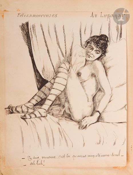 [ALBUM ÉROTIQUE].
Fêtes amoureuses au lupanar.
S.l., vers 1880-1900. — In-8, 210 x 165. Demi-basane rouge, dos à nerfs orné (reliure de l’époque)


Précieux et unique album érotique composé de 156 dessins originaux à l’encre de Chine collés sur papier ligné, chacun légendé et représentant une scène intime, représentative de ce qui pouvait se dérouler dans les maisons closes à la fin du XIXe siècle.

Ces dessins sont anonymes, l’auteur étant présenté au dos de la reliure sous le pseudonyme de « Gil du Ruy Blas ». Ils sont de très belle facture, parfois un peu naïfs, précédés d’un feuillet de titre manuscrit, portant cette note : « Laissez ici toute Illusion ».

Il s’agit d’un témoignage unique. Le dessinateur a pris un soin extrême à élaborer toutes ces scènes, la grande majorité des dessins possède d’ailleurs au verso le croquis au crayon du sujet représenté à l’encre de Chine. Les légendes sont elles aussi caractéristiques des relations qu’il pouvait y avoir entre les prostituées et les clients.

On trouve à la fin un sonnet manuscrit inédit, écrit au crayon, intitulé Mièvre sonnet.

Dos légèrement passé et présentant quelques frottements d’usage. Déchirures et travaux de vers à quelques feuillets, sans atteinte aux dessins.