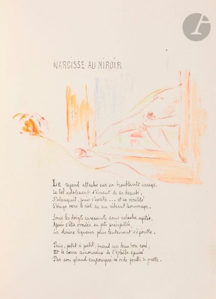[ANONYME].
Mignardises.
S.l., 1935. — Manuscrit de 2 volumes in-12, 192 x 141. En feuilles, étuis.

Joli manuscrit divisé en 2 volumes sur 3, proposant un recueil de textes littéraires érotiques, ou mignardises, d’Apollinaire, Clément Marot, Pierre de Ronsard, Mathurin Régnier, Jean-Baptiste Rousseau, « Monsieur de la Braguette », Stéphane Mallarmé, Paul Verlaine, Laurent Tailhade, Pierre Louÿs, Villon, Jodelle, Malherbe, Piron, Voltaire, Baudelaire, etc.
Chaque volume, composé de plus de 50 feuillets, est illustré de nombreuses aquarelles originales en couleurs, la plupart érotiques.
L’auteur de ces dessins n’a pas été identifié et certains semblent être d’une main différente. Sous les titres il est inscrit : B.E.S.A. // invenit // Anno // M. cm. XXXV. // A.M.A.G.
Ce manuscrit devait être composé d’au moins trois volumes. Il y a ici les volumes 2 et 3.