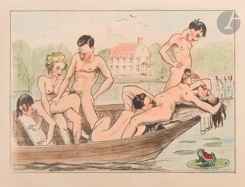 [ANONYME].
Les Surprises-parties du Camping.
S.l., vers 1940. — Album in-8, 239 x 190 : 31 planches. En feuilles, chemise et étui.

Dutel, 2470.

Édition très rare de cet album érotique anonyme, composé de 31 lithographies en couleurs collées sur papier vergé, dont le titre. Elle semble manquer aux bibliothèques publiques aussi bien françaises qu’étrangères, et aucun exemplaire ne paraît avoir paru en vente publique depuis 9 ans.

Charnières de la chemise déchirées.