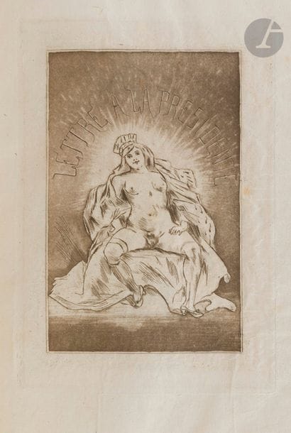 GAUTIER (Théophile).
Lettre à la présidente. Voyage en Italie. 1850.
S.l. : de l’imprimerie du musée secret du roi de Naples [Amsterdam : Auguste Brancart], 1890. — In-8, 218 x 144 : frontispice, 48 pp., couverture imprimée. Demi-maroquin fauve à coins, dos à nerfs, tête dorée, non rogné, couverture et dos conservés (reliure moderne).

Galitzin, 198. - Dutel, I, 456, p. 192.

Réimpression rare, parue la même année que l’originale, imprimée à Amsterdam par Auguste Brancart.
Selon Galitzin, il s’agit de la « seule édition correcte » de cette célèbre lettre licencieuse de Gautier adressée à l’artiste peintre, demi-mondaine et salonnière Apollonie Sabatier (1822-1890), appelée « La présidente » par ses amis. Théophile Gautier entretint une relation amicale et amoureuse avec elle ; cette lettre pornographique datée de Rome, le 19 octobre 1850, en est le témoignage. L’auteur y décrit l’itinéraire qu’il suivit en compagnie de Cormenin depuis une auberge du Simplon jusqu’à Rome.
Tirage à 100 exemplaires numérotés sur papier japon, portant le numéro 5 écrit à la mine de plomb, au format in-8 et non in-12 comme signalé par Dutel.
Bel exemplaire complet des plats et du dos de la couverture, ainsi que du frontispice érotique attribué à Félicien Rops de la première édition, tiré sur papier de Chine.
Provenance : Gérard Nordmann, avec ex-libris (cat. II, 14-15 décembre 2006, n° 217).