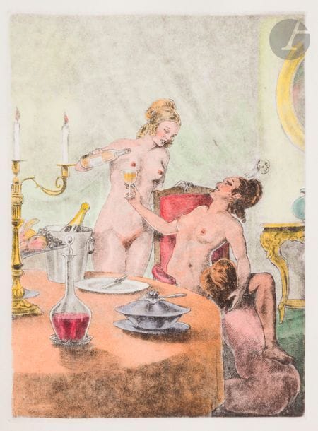 POL VEXIO.
 [
Erotic Album]

 S.l., 1929-1969. - In-folio, 321 x 245: (3 ff. 2 first blanks), 13 plates, silent cover. Sheets,

 full cover.
 Very rare album printed in only 45 copies (n° 13), comprising 13 free compositions in colours signed Pol Vexio, engraved on copper in 1929 and printed in 1969. The justification is handwritten
.
 This suite seems to be missing in public libraries in France and abroad, and is clearly not cited by bibliographers.
