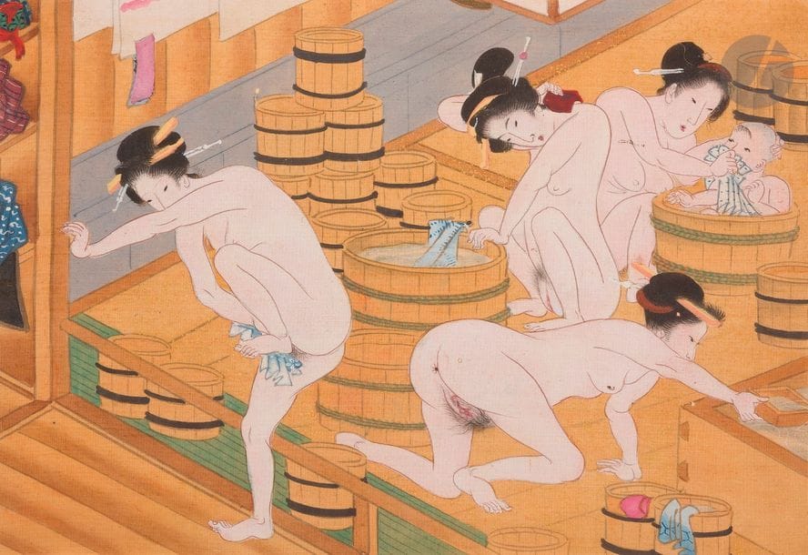 [SHUNGA].
Album d’estampes japonaises érotiques.
S.l., vers 1900. — Album in-4, 264 x 225. Reliure de réemploi, basane bordeaux, encadrements dorés et à froid sur les plats, dos lisse orné, roulette dorée intérieure (reliure du XIXe siècle).

Album composite comprenant 24 estampes érotiques japonaises vraisemblablement du XIXe siècle ou du début du XXe, collées sur papier cartonné monté sur onglets, provenant de séries différentes.

En plus de ces 24 estampes, on trouve à la fin 3 gravures érotiques anciennes, dont l’une du dessinateur et caricaturiste Frédillo, de la fin du XIXe siècle, tirée d’un recueil, et 2 caricatures de l’époque révolutionnaire, rehaussées à la gouache, provenant de la même série.

Cet album fut conçu au XXe siècle. L’amateur a utilisé pour l’occasion la reliure d’un exemplaire d’Une ténébreuse affaire de Balzac dont le titre figure en lettres dorées au dos.

Reliure frottée, accrocs aux coiffes.
