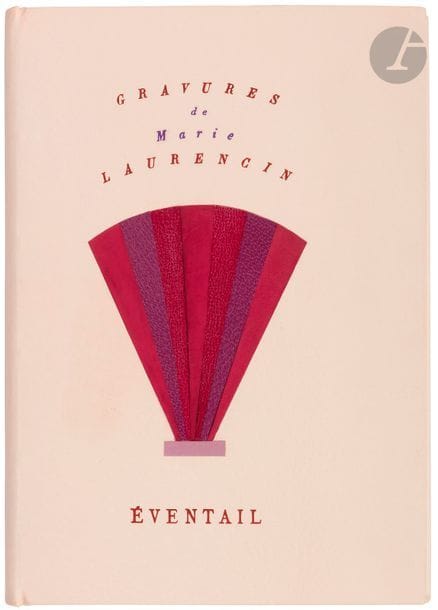 LAURENCIN (Marie). Fan.
 Paris: Nouvelle Revue Française, 1922. - In-12, 182 x 133: 61 pp., (2 ff.), illustrated cover. Beige box, first plate decorated with a fan made of calf, morocco and grief strips in shades of violet on a lilac box base, author's name in violet and burgundy letters above the fan and title in burgundy letters below, smooth back, white nubuck lining and guards, golden head, untrimmed, cover and back preserved, shirt with back and beige box cover strips, case (
Marie-José Guian 2016).
 Illustrated edition of 10 original etchings by Marie LAURENCIN (1883-1956), accompanied by poetry by Louise Colet, Jean Pellerin, Roger Allard, André Breton, Francis Carco, M. Chevrier, F. Fleuret, G. Gabory, Max Jacob, Valery Larbaud
 and André Salmon.
 One of the 327 numbered copies on laid paper from Holland, the only large paper after only 8 copies on 18th
 century
 blue laid paper
.
 Beautiful copy bound on tabs by Marie-José Guian for her personal account. One can only regret slight defects in the top cut of the strips composing the fan on the first course.
