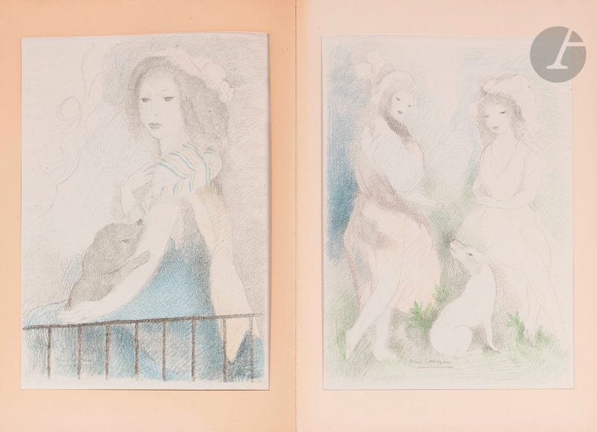 LAURENCIN (Marie) - L’HÉRITIER DE VILLANDON (Marie-Jeanne).
L’Adroite princesse ou les aventures de Finette, conte de fées.
Paris : Éditions M.-P. Trémois, 1928. — In-folio, 447 x 330 : 30 pp., (2 ff.), couverture illustrée. Box beige, plats recouverts de papier chiffon à décor floral imprimé en blanc, dos lisse, non rogné, première de couverture conservée (M.J. Guian-Milliaud).

Très belle édition tirée à 480 exemplaires, illustrée d’une vignette en noir sur le titre, reprise sur la couverture, et de 5 grandes lithographies en couleurs sur chine monté de Marie LAURENCIN (1883-1956), comprises dans la pagination.
Un des 450 exemplaires sur papier vélin.
Bel exemplaire relié par Marie-Josée Guian pour son compte.
La fragile couverture, dont seul le premier plat a été conservé, a été collée et placée sous passe-partout.