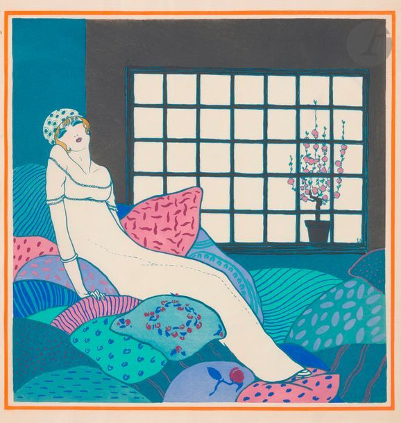 LEPAPE (Georges). - POIRET (Paul).
Les Choses de Paul Poiret vues par Georges Lepape.
Paris : Maquet, 1911. — Grand in-4, 327 x 300. Cartonnage illustré de l’éditeur.

Véritable chef d’œuvre de Georges LEPAPE (1887-1971), comprenant 12 planches montées sur onglets et coloriées au pochoir avec rehauts d’or et d’argent par Saudé, sur une note orientalisante totalement novatrice pour la mode féminine de l’époque. Paul Poiret lance, selon son expression, des coupes et des couleurs « comme des loups dans une bergerie ».
Cet album est considéré par beaucoup comme le plus beau livre sur la mode de l’époque.
Tirage limité à 1.000 exemplaires, celui-ci étant l’un des 700 comprenant les planches sur japon sans remarques.
Exemplaire parfaitement conservé, malgré les habituelles décharges des planches.