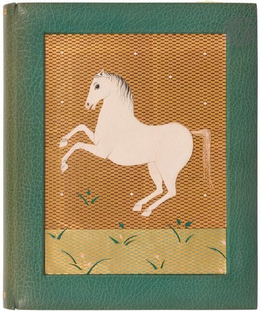 SCHMIED (François-Louis) - KIPLING (Rudyard).
Kim.
Lausanne : Gonin et Cie, [1930]. — 3 volumes in-4 dont un de dessins originaux, 306 x 246. Maroquin vert pour les deux volumes de texte et maroquin blanc pour le volume de dessins, le premier plat des volumes I et II est décoré d’une composition en relief dans un large compartiment rectangulaire en creux à fond doré orné de petites bandes de maroquin vert pour l’un et de maroquin vert et brun pour l’autre, ces compositions représentent sur le premier volume un grand taureau de maroquin fauve aux cornes de box ivoire, et sur le second volume un cheval de maroquin blanc ; le volume de dessins est orné, en creux sur le premier plat, d’une composition peinte et mosaïquée représentant un paysage nocturne ; dos lisses, encadrement de maroquin vert et d’un listel respectivement de maroquin fauve et de maroquin blanc à l’intérieur des deux premiers volumes, et de maroquin blanc et d’un listel de maroquin bleu à l’intérieur du volume de dessins, doublures et gardes de soie beige et ivoire, tranches dorées sur témoins pour les volumes de textes et au palladium pour l’autre volume, couvertures et dos conservés, chemise à dos et bandes à recouvrement de maroquin vert, étui (Creuzevault).

LE PLUS PRÉCIEUX DES EXEMPLAIRES DE CE LIVRE.

Il s’agit effectivement de la maquette originale complète, justifiée ainsi par l’éditeur à la justification, comprenant les 57 gouaches originales de François-Louis SCHMIED (1873-1941), montées ou reliées à leur emplacement dans un exemplaire du livre imprimé sur japon. On y trouve ainsi un frontispice, 14 dessins hors texte, 15 têtes de chapitres, 15 lettrines, 11 culs-de-lampe et une vignette au colophon. Seuls les bandeaux et les têtes de chapitres sont signés. On trouve à la fin du premier volume un feuillet avec les dessins de 3 culs-de-lampe non retenus.

Il est joint dans un troisième volume les 15 gouaches originales de la Suite pour Kim, toutes signées par Schmied 