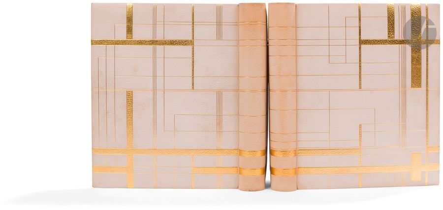 SCHMIED (François-Louis) - KIPLING (Rudyard).
Kim.
Lausanne : Gonin et Cie, [1930]. — 2 volumes in-4, 306 x 246 : frontispice, 267 pp., (2 ff. dernier blanc), 16 planches, couverture illustrée ; 263 pp., (3 ff. dernier blanc), 13 planches, couverture illustrée. Maroquin blanc, plats et dos ornés d’un décor de larges bandes et de filets dorés horizontaux et verticaux s’entrecroisant, dos lisse, encadrement de maroquin blanc à l’intérieur, orné de filets dorés, doublures de soie brun foncé, gardes de soie moirée rouge, tranches dorées sur témoins, couverture et dos conservés, chemise à dos et bandes à recouvrement de box brun foncé, étui (F.-L. Schmied - G. Cretté succ. de Marius Michel).

Brillante édition tirée à 160 exemplaires sur papier japon, illustrée de 57 superbes compositions en couleurs de François-Louis SCHMIED (1873-1941), dont 1 frontispice, 15 têtes de chapitres, 15 lettrines, 11 culs-de-lampe, 1 vignette pour le colophon et 14 planches. Les hors-textes et les têtes de chapitres portent la signature imprimée de l’artiste.

Un des 20 exemplaires hors commerce, signés par l’éditeur, celui-ci enrichi des 15 planches de la Suite pour Kim, ainsi que d’une suite en couleurs sur japon des 30 hors-textes et des 15 têtes de chapitres. On trouve dans cette suite deux épreuves du frontispice et deux états de l’avant dernière planche. Toutes les épreuves portent la signature imprimée de l’artiste.

Superbe reliure réalisée par Cretté, orné d’un décor dessiné par François-Louis Schmied. La maquette originale de ce décor a été reliée à la fin du second volume.

Exemplaire très bien conservé. Dos assombris.
Provenance : Ex-libris LV.