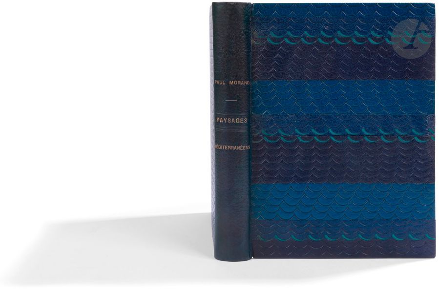 SCHMIED (François-Louis) - MORAND (Paul). Mediterranean landscapes.
 Paris: [François-Louis Schmied], 1933. 
-
 In-8, 261 x 188: 119 pp., (4 ff
. last white), embossed cover. -

 Blue morocco, first dish composed of a set of horizontal stripes of blue morocco in different shades, each decorated with a cold wave pattern or in turquoise morocco, second dish entirely decorated with cold wave patterns, smooth back, black interior fillets, golden head, untrimmed, cover and back

 preserved, case (Creuzevault).
 Original edition of this work admirably conceived by François-Louis SCHMIED (1873-1941), illustrated with 73 compositions in the text engraved on wood with the assistance of Theo Schmied, 57 of which are in colour, showing marvellously the colours of the oriental landscapes that
 so
 pleased
 the artist.
 Edition of 110 numbered copies, signed
 by F. L. Schmied.
 Copy n° 5, enriched with 2 suites of colour illustrations (one in black, the other in colour) and one suite of black illustrations, all on thin Japanese paper. 
The
 covers of the suites are signed by the
 artist.
 Nice copy bound by Creuzevault
.

 Back passed and some light rubbing of use. Scattered freckles.

