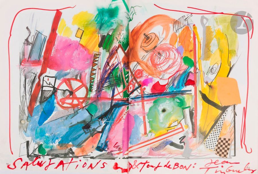 [TINGUELY (Jean)].
Louisiana Revy.
Humlebæk, 1986. — In-4, broché.

Numéro 27 d’octobre 1986 de la revue danoise Louisiana Revy, consacré à l’artiste suisse Jean TINGUELY (1925-1991), cofondateur du mouvement des Nouveaux Réalistes, époux de Niki de Saint-Phalle.
Exemplaire dédicacé par l’artiste à la femme politique Françoise de Panafieu, portant cette dédicace en rouge sur le texte de la page 3 :
de la « Musique » // pour // Françoise // de // Panafieu // de // Jean Tinguely
Cette dédicace est complétée aux pages 50-51, de cette note de l’artiste au feutre noir entourant la reproduction d’une de ses œuvres :
Chère Madame de PANA fieu : Niki et moi Nous combattons pour l’Equilibrage de l’entretien de la Fontaine Stravinsky. Est-ce que Nous Réussiront (sic) ? (J.T.)
Tinguley a collé un morceau de tissu au bord de la page 50.
Page 53 figure une flèche au feutre renvoyant aux deux pages suivantes au bas desquelles l’artiste a inscrit :
Nous avons vu : de Saint Victor-Beledin - Nicolas & Autres
On trouve enfin pages 56-57, sous la reproduction en couleurs d’une œuvre de Tinguely, cette note en rouge :
Salutations & tout de Bon : Jean Tinguely
Ce dernier a en plus entouré la reproduction de l’œuvre de traits au feutre rouge, a scotché une plume verte, collé un petit morceau de journal, représentant un damier, et a rehaussée la composition à l’aide de feutres noir et rouge.