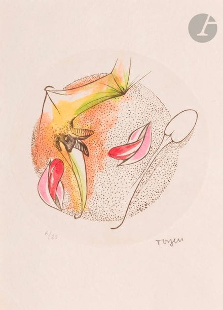 TOYEN - LE BRUN (Annie).
Tout près, les nomades.
Paris : Éditions Maintenant, 1972. — In-8, 240 x 170 : (8 ff.), 4 planches, couverture illustrée. En feuilles, étui-boîte illustré de l’éditeur.

Édition originale tirée à 75 exemplaires sur papier Ingres signés par l’auteur, illustrée d’une pointe sèche originale signée de la peintre tchèque TOYEN (1902-1980).
Un des 25 de tête enrichis d’une épreuve de la pointe sèche en couleurs sur japon, également signée par l’artiste.
Exemplaire parfaitement conservé.