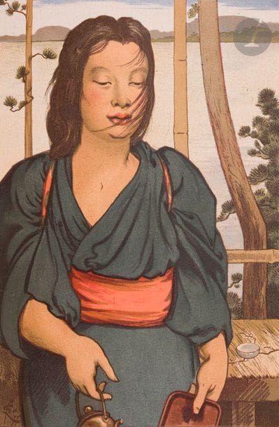 GUIMET (Émile) - RÉGAMEY (Félix).
 Japanese walks. Drawings from nature by Félix Régamey. 
- Japanese walks. Tokio-Nikko. Drawings by Félix Régamey.

 Paris: G. Charpentier, 1878-1880. - 2 volumes in-4, 304 x 225: (2 ff.), pp. (9)-212, 6 plates, illustrated cover; frontispiece, (2 ff.), 288 pp., 9 plates, illustrated cover. Dark blue half-marque at the bradel, double gilt fillet, smooth spine

, gilt

 head

, untrimmed, cover preserved (Impr. Libr. réunies
)Original edition of this account of a trip to Japan undertaken in 1876 by the Lyon industrialist Émile Guimet (1836-1918
) in the company of the painter Félix Régamey (1844-1907).
 The first book recounts the two friends' peregrinations to Yokohama and Kamakura, the second, entitled Tokio-Nikko, is the sequel. 
This is
 only the first part of the story of their journey. Volumes III and IV, which were supposed to cover the road to Tokaido
 and then on to Kyoto and Kobe, never saw the light of day.
 Both volumes are illustrated with numerous compositions by Félix Régamey, including 6 watercolours reproduced out of text in the first volume and 9 plates of the same in the second. The latter also includes as a frontispiece a colour lithograph of the artist, showing him painting, based on a painting by Kiosay. The off-texts as well as the full-page illustrations of the first
 volume are under captioned serpents.
 Numbered copies on paper from Holland, printed for the first volume at 30 copies and 25 for the second. The first one is enriched with a suite on
 china of the 6 watercolours in colours.
 Precious copy of the bibliophile Charles Cousin (1822-1894), founder of the Société des Amis des Livres. He had gathered his collections of books and antiques on the 4th floor of the building located at 20 rue de Dunkerque in Paris, which he called the "Grenier", where he welcomed many personalities. Each volume bears his signature on the
