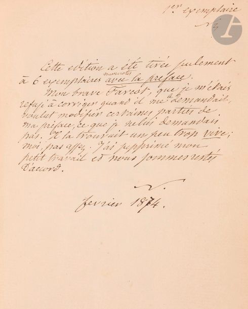 [NADAR (Félix Tournachon, says)] - FARCOT (Eugene). From Paris to Tournay in 3 hours: Journey of the balloon the Louis-blanc.
 [Paris: Dentu, 1873]. - In-12, 181 x 117: 94 pp., (1 f.). Red chagrin, triple gilt fillet framed on the covers, spine ribbed
 and decorated, inside gilt lace, gilt head, untrimmed (contemporary binding). A
 true original edition of only 6 copies, the only ones
 containing Nadar's preface, which will be deleted in the 1874 edition, is

 the account of the voyage of the balloon the Louis-Blanc made on October 12, 1870 by Eugène Farcot who had just joined the team of aeronauts founded by Nadar. The mission of the flights it organized was to communicate "messages from the State ... and also all the correspondence of the besieged Parisians. The Louis-Blanc was the third mail balloon to go. Farcot had never made an ascent, but Nadar trusted him enough to

 let

 him

 lead the ball. The journey was perilous but successful.
 Precious personal copy by Nadar, with several autograph additions and corrections in the preface, notably on page 14, and some
 notes and pencil corrections in Farcot's text (pp. 24 and 27).
 Nadar added 3 notes. 
The first
 two
, signed, appear on the first white guard : 1st copy. NEtThis
 edition was printed in only 6 numbered copies with the preface. My brave Farcot, whom I had refused to correct when he asked me to, wanted to modify certain parts of my preface, which I did not ask him to do. He thought it was a little too lively; I didn't think it was lively enough. I cut out my little job and we're
 still in agreement.
 The third
 note appears at the head of the preface

: "This copy alone contains this preface which the excellent man, author of this little book, had asked me for, but which seemed to cause him some apprehension. He asked me to delete it from the published edition, which I did. 

-

 I

 only kept one 