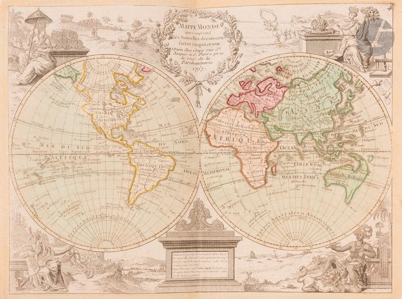 [ATLAS] - LE ROUGE (Georges-Louis).
Atlas Nouveau Portatif à l’Usage des Militaires, Collèges et du Voyageur.
[Paris : Crépy, 1767-1773]. — In-4, 242 x 179 : 48 cartes montées sur onglets. Basane marbrée, dos à nerfs orné, tranches rouges (reliure de l’époque).

Atlas composite comprenant 48 cartes, la plupart provenant de l’Atlas Nouveau Portatif à l’Usage des Militaires, Collèges et du Voyageur de Georges-Louis Le Rouge.

Ce choix a été fait par un amateur à l’époque. Les cartes sont datées de 1767 à 1773, elles sont toutes coloriées et portent sur toutes les régions du monde. Les premières représentent les différents systèmes selon les anciens astronomes (Copernic, Ptolémée et Ticho-Brahé), le globe céleste en deux plans hémisphère, les globes terrestre et céleste, et une mappemonde. On y trouve également un plan de Paris et de ses faubourgs daté de 1767. 
Bon exemplaire malgré des épidermures et des fentes aux charnières.