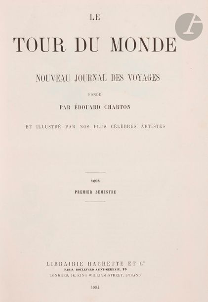 AROUND THE WORLD. New travel journal.
 Paris, London, Leipzig: Librairie de L. Hachette et Cie, 1860-1895. - 71 volumes in-4, 296 x 218. Brown half-brown, spine ribbed and decorated, speckled edges
 (contemporary binding).
 Complete collection of the first series of this famous weekly published under the direction of
 Édouard Charton.
 This first series appeared from January 1860 to December 1894. The second, which began in January 1895, was published until 1914 and was entitled Le Tour du monde, journal des voyages et des voyageurs. The set is illustrated with numerous full-page and text engravings as well as several maps and plans. Artists include Grandsire, Français, Daubigny, Janet-Lange, Riou and
 Gustave Doré. A
 copy in uniform bindings, complete with the table from the years 1860 to 1888, enriched with the first complete year of the new series (1895), divided into 2 volumes, and the years 1895 and 1898 of the weekly magazine À travers le monde, bound in the ochre half cloth
 of the period.
 Good copy, most decorative. Some rubbing of use without gravity, white traces on several dishes. Freckles. Gallery of worms in the inner margin of the first volume of 1865 and in the upper margin of some leaves of the first volume of 1868.
