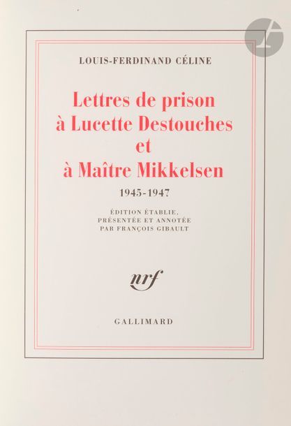 CÉLINE (Louis-Ferdinand).
Lettres à la N.R.F. 1931-1961. Édition établie, présentée et annotée par Pascal Fouché. Préface de Philippe Sollers.
Paris : Gallimard, [1991]. — In-8, 222 x 170 : (4 ff. premier blanc), XXI pp., (1 f.), pp. 9-617, (2 ff.), couverture imprimée. Demi-maroquin rouge à coins, filets dorés, dos à nerfs, tête dorée, non rogné, couverture et dos conservés (D. Montecot).

Édition originale.

« Ces Lettres à la N.R.F. regroupent […] l’ensemble des lettres retrouvées envoyées aux divers responsables [des publications de Céline] aux Éditions Gallimard. Principalement Gaston Gallimard bien sûr, qui a suivi toute sa carrière, mais aussi Jean Paulhan, le premier à le republier après la guerre, et Roger Nimier, qui s’est occupé de ses livres à partir D’un château l’autre et lui a véritablement fait renouer avec la faveur du public. Lorsqu’elles existent figurent également ici les lettres de ses interlocuteurs car c’est le croisement de cette correspondance qui permet de suivre les rapports entre les auteurs et leurs évolutions » (p. XVIII).

Un des 87 exemplaires numérotés sur vergé blanc de Hollande, seul tirage sur grand papier.

Exemplaire bien relié, parfaitement conservé.

On joint :
- CÉLINE. Lettres de prison à Lucette Destouches & à maître Mikkelsen. 1945-1947. Édition établie, présentée et annotée par François Gibault. Paris : Gallimard, [1998]. — In-8, 222 x 169 : (2 ff. blancs), 401 pp., (5 ff. quatrième blanc), couverture imprimée. Demi-maroquin bordeaux à coins, filets dorés, dos à nerfs, tête dorée, non rogné, couverture et dos conservés (D. Montecot).

Édition originale.
« Les quelques deux cent lettres écrites par Céline à Maître Mikkelsen et à Lucette pendant sa détention, c’est-à-dire de décembre 1945 à juin 1947, contiennent toute la mesure de sa révolte. Elles expriment son désir de vivre ou de survivre, ses espoirs et ses désespoirs et le besoin d’affection qu’il portait en lui et qu’il