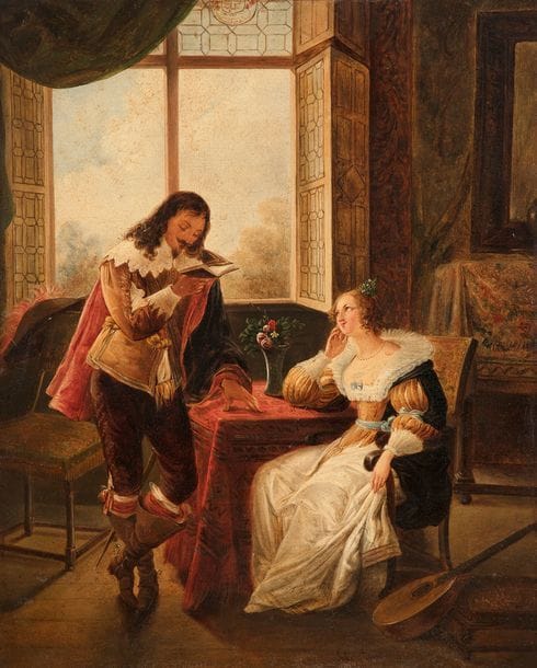 École FRANÇAISE, 1834, Julie FRANÇOIS***
Louis XIII et madame de Lavallière
Toile.
Signée et datée en bas au centre : Julie François 1834 (?).
Au revers du châssis, une inscription : Fin le 29 / décembre 1934.
(Restaurations anciennes).
40 x 32,5 cm