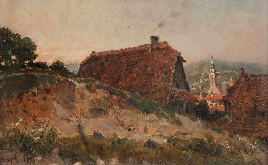 Alfred Brunel de Neuville (1852-1941)
Village dans un paysage de collines, 1874
Panneau.
Signé en bas à droite, situé (?) et daté en bas à gauche.
15 x 23 cm