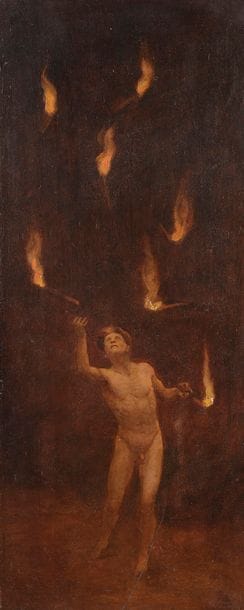 Charles AMANDIS-LAMUSSE 
(Caen 1875-1956)
L’homme jonglant avec des flambeaux 
Panneau.
Au revers inscription : l’homme / jonglant avec / étude de nu / par / Charles Amandis Lamusse / collection Edouard...
En bas à droite, monogramme illisible.
58 x 24 cm