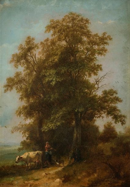 César de COCK (Gand 1823-1904)
Paysanne, sa vache et son chien sur le chemin boisé
Panneau.
Signé en bas à droite : CdeCock.
40,5 x 30 cm