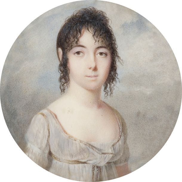 Attribué à LÉGER (actif en 1795-1797)
Très bon artiste représenté au Musée des Beaux-arts de Rouen et dans la collection Tansey à Celle en Allemagne. Ses œuvres sont rares. 
Jeune Femme à mi-corps d’un léger trois-quarts à droite, le visage presque de face, en robe de linon gris à l’Antique, sur fond de ciel gris
Miniature sur ivoire, époque Directoire-Consulat
Diam : 6,2 cm
Cadre en métal doré à motifs de palmettes et de feuilles d’acanthe, diam : 9,6 cm
Poids brut : 61 g