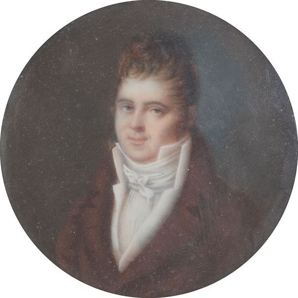 Portrait de jeune homme coiffé en toupet, en buste vers la gauche, en costume aubergine, gilet blanc, époque Directoire
Miniature sur ivoire.
Diam. : 6,3 cm
Cadre en bois (fendu), visière de laiton doré, rect.
Poids brut. : 84,9 g