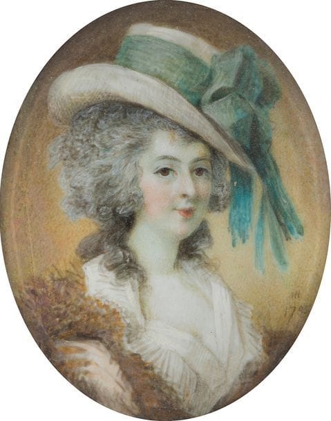 École anglaise XIXe siècle, dans le goût de Horace Hone
Femme au grand chapeau à large ruban bleu, en buste vers la droite, en manteau rose bordé de fourrure sur une chemise blanche au col à la reine
Miniature sur ivoire monogrammée à droite HH / 1785.
Ovale : 7,5 x 6,2 cm
Cadre en bois de placage, rect. : 15,5 x 14 cm
Poids brut. : 169,6 g