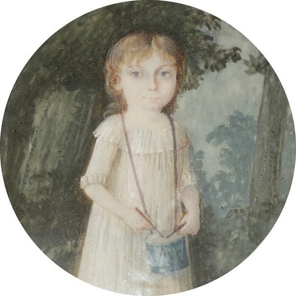 Jean-Augustin Massavy marquis d’ARMANCOURT
(Paris 1735 ou 1736-après 1795)
Reçu membre de l’Académie de Saint Luc à Paris, le 5 juin 1761 par chef d’œuvre, il exposa au Salon de 1795. Entre 1773 et 1779, il était Maître du Souverain Chapitre à l’Orient de Paris ; ensuite Vénérable Maître de la loge Saint-Jacques de la Paix Immortelle. On lui doit un portrait de Benjamin Franklin en 1778. Ses œuvres signées sont très rares. Il est représenté au Nationalmuseum à Stockholm.
Enfant jouant du tambour, en robe blanche à col à la reine, à mi-corps sur fond arboré
Miniature sur ivoire de la fin du XVIIIe siècle, signée à droite sur le tronc d’arbre : « armancourt », à vue diam. 5,8 cm
Sous passe-partout dans un cadre en bois noirci (piqué) à visière de laiton doré du XIXe siècle, rect. 13 x 12,7 cm
Poids total : 105 g