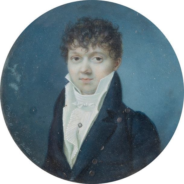 Pierre-Charles CIOR (Paris 1769-1840)
Peintre en miniature qui exposa au Salon à Paris de 1796 à 1838 et qui fut actif d’un bout à l’autre de l’Europe. Il fut appointé peintre en miniature du roi d’Espagne et travailla aussi à la cour de Russie. Il est représenté dans la plupart des grandes collections de miniatures.
Portrait de jeune homme brun coiffé de mèches, en buste vers la gauche, en costume noir à grande rangée de boutons, gilet blanc et épingle de cravate, époque Consulat
Miniature sur ivoire signée et datée à gauche: « Cior. p. le 17 juillet 1808 ».
Diam. : 6 cm
Cadre en bois tourné à visière de laiton doré, diam. : 6,5 cm
Poids brut. : 92,4 g
(Petites tâches en périphérie, poussières sous le verre).