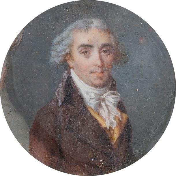 CORCHAND Madame (active en 1813-1816)
Femme artiste, peintre en miniature. Elle exposa au Salon de 1814 et est représentée au musée Antoine Lecuyer à St-Quentin.
Portrait d’homme, peut-être le peintre François-André Vincent (1746-1816), cheveux poudrés, en buste vers la droite, en costume marron à la mode sous le Directoire, gilet orange
Miniature sur ivoire signée et datée en bas à droite : Mme Corchand août 1813.
Diam. : 6 cm
Cadre en bois tourné à visière de laiton doré.
Poids brut. : 104,9 g
(Taches en périphérie).
 On comparera ce portrait, effectué sous l’Empire d’après un modèle plus ancien, avec notamment le portrait de Vincent aux lunettes et tenant une palette par Adélaïde Labille Guyard, 1795 (Louvre).
