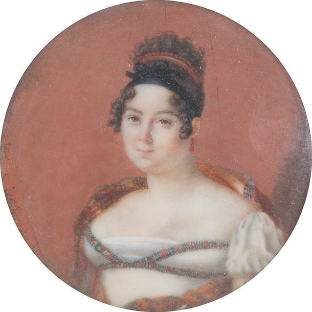 CORCHAND Madame (active en 1813-1816)
Femme à mi-corps vers la gauche, en robe blanche à galon assortie à son châle de cachemire, époque Empire
Miniature sur ivoire
Diam. :5,8 cm
Signée et datée en bas à droite : Corchand août 1813
Cadre en bois tourné à large visière de laiton doré à motif de guirlande, rect.
Poids brut : 113,9 g 
