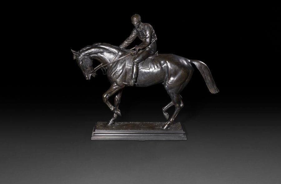 Isidore BONHEUR (1827-1901)
Jockey
Bronze à patine brune (repatiné).
Signé « I. BONHEUR » sur la terrasse.
H : 61 cm et terrasse : 47 x 16 cm