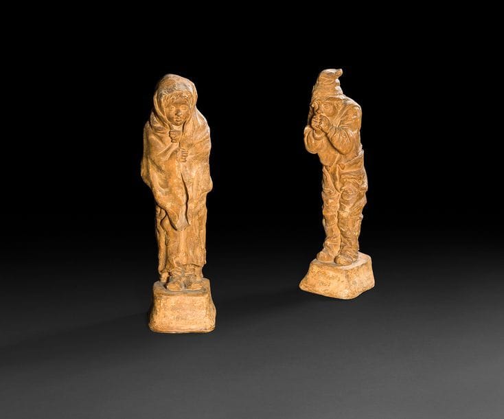 Ferdinand Moutier (1831-1903)
Enfants frileux, 1865
Deux statuettes en terre cuite.
Signées et datées sur la terrasse.
H : 35 cm