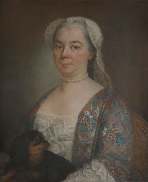 École FRANÇAISE du XVIIIe siècle
Femme au collier de perles avec son chien
Pastel.
(Quelques déplaquages).
63 x 52 cm