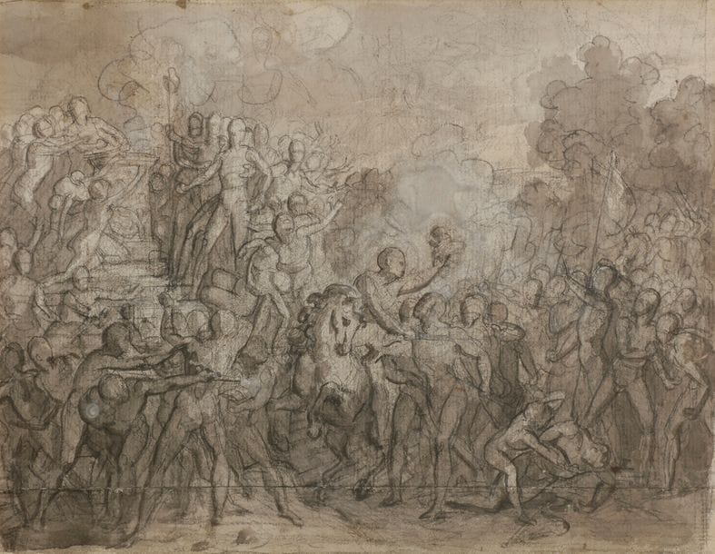 François GÉRARD, dit Baron GÉRARD 
(1770-1837)
Scène allégorique révolutionnaire
Crayon noir et lavis gris.
23 x 29,7 cm

Notre dessin pourrait être une première pensée pour le tableau Les Enrôlements Volontaires ou la Patrie en Danger, de 1835, aujourd’hui conservé à Versailles.