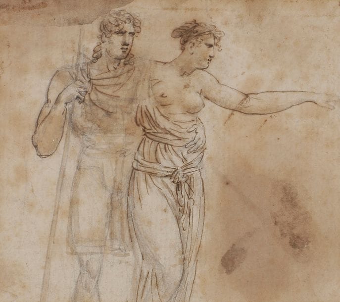 École FRANÇAISE du XIXe siècle
Couple à l’Antique
Encre et lavis d’encre.
(Mouillure, taches).
8,5 x 9,5 cm
