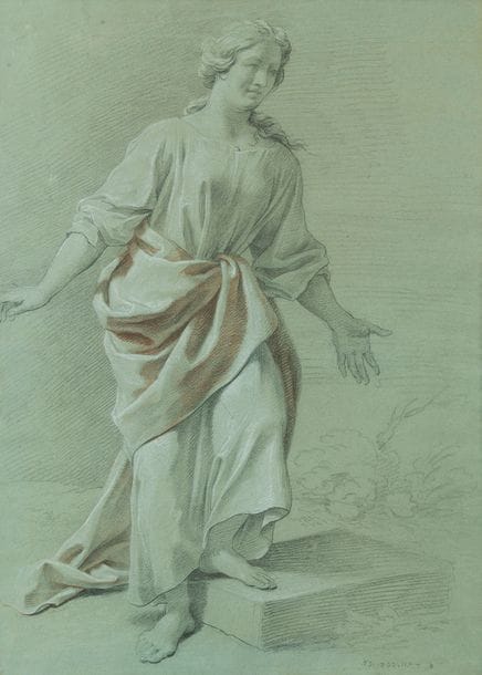 Johann Justus PREISSLER (1698-1771)
Étude de femme drapée
Trois crayons sur papier bleu-vert, numéroté.
62 x 45 cm