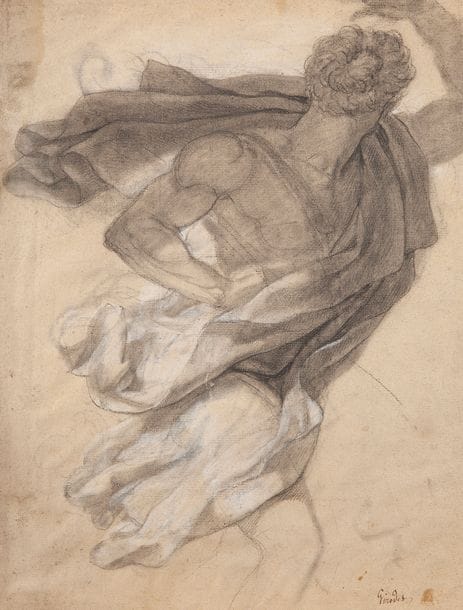 École FRANÇAISE du XIXe siècle
Académie d’homme drapé
Fusain et craie blanche.
Porte une annotation « Girodet » en bas à droite.
32,5 x 25 cm