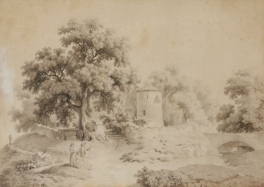 Adam TOEPFFER (1766-1847)
Paysage animé au pont, 1798
Plume et encre noire, lavis gris.
Signée et datée en bas vers la droite.
34 x 48,5 cm