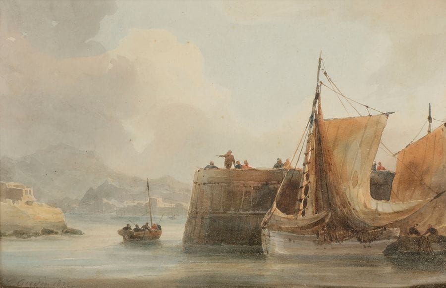 Théodore GUDIN (1802-1880)
L’Entrée du port, 1822
Aquarelle.
Signée et datée en bas à gauche.
(Petites déchirures).
14 x 21 cm