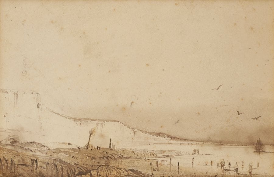 Attribué à Théodore GUDIN (1802-1880)
Falaises en bord de mer
Scène animée au village
2 encres brunes.
16 x 24 cm chacune
