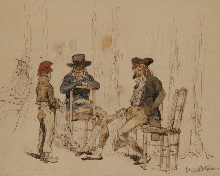Édouard-Jean-Baptiste DETAILLE (1848-1912)
Le Vendeur du moniteur
Encre et aquarelle.
Signée en bas à droite.
(Taches).
20 x 23 cm