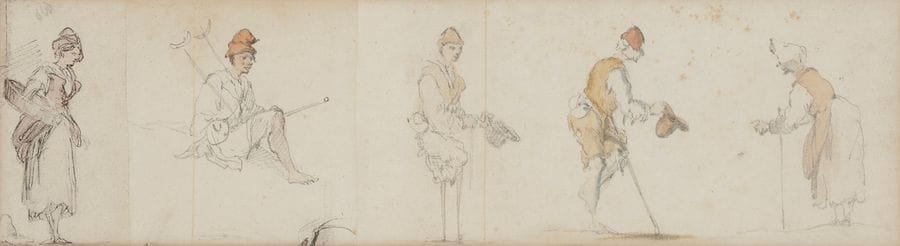 Charles-Frédéric SOEHNNÉE (1789-1878)
Études de personnages et mendiants
Crayon noir, plume et encre brune sur 3 feuilles collées recto-verso.
10 x 36,5 cm